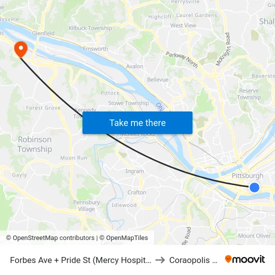 Forbes Ave + Pride St (Mercy Hospital) to Coraopolis PA map