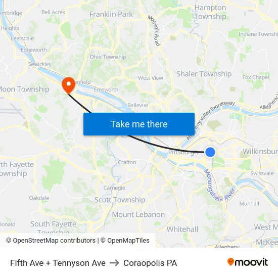 Fifth Ave + Tennyson Ave to Coraopolis PA map