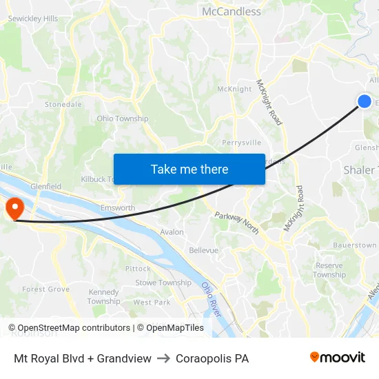Mt Royal Blvd + Grandview to Coraopolis PA map