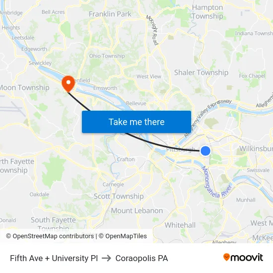 Fifth Ave + University Pl to Coraopolis PA map