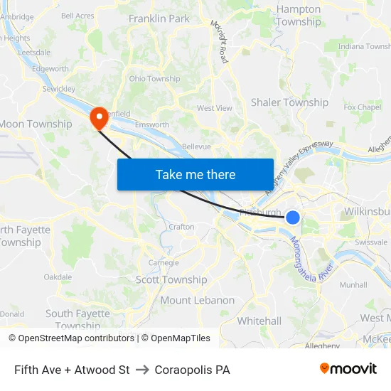 Fifth Ave + Atwood St to Coraopolis PA map