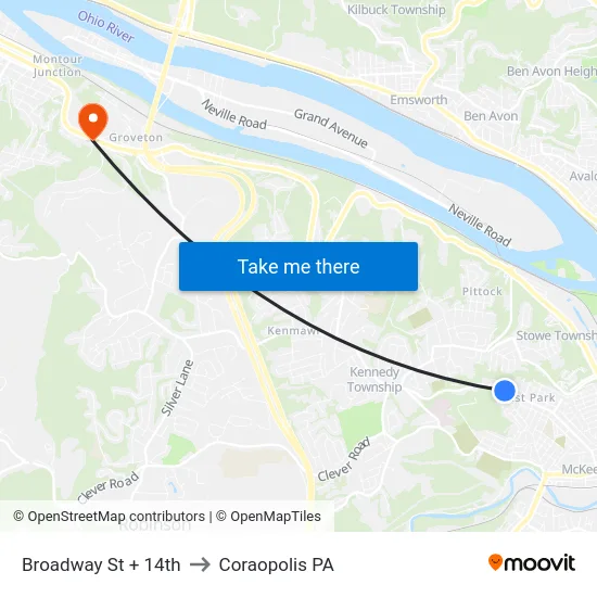 Broadway St + 14th to Coraopolis PA map