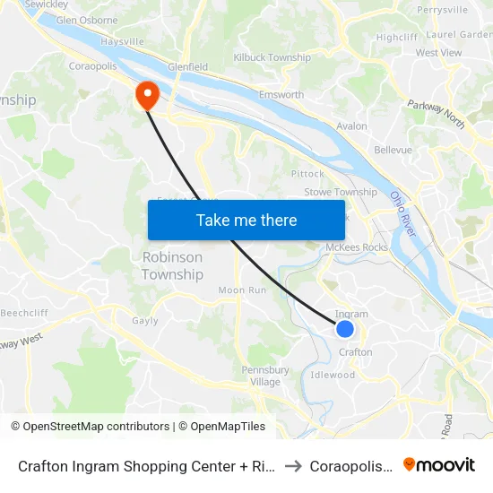 Crafton Ingram Shopping Center + Rite-Aid to Coraopolis PA map