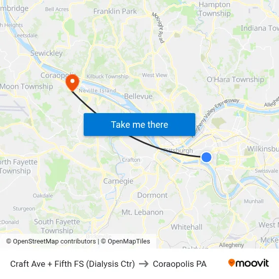 Craft Ave + Fifth FS (Dialysis Ctr) to Coraopolis PA map
