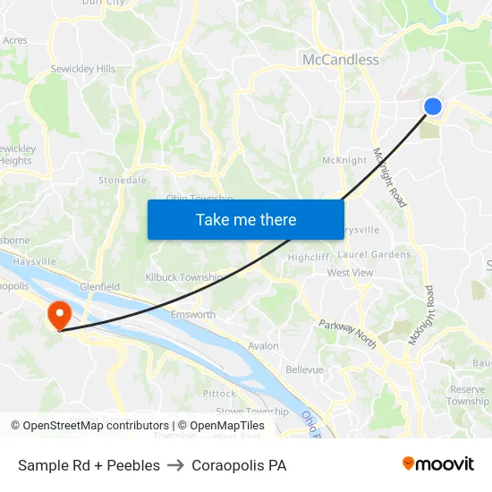 Sample Rd + Peebles to Coraopolis PA map