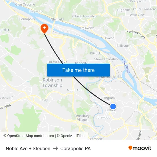 Noble Ave + Steuben to Coraopolis PA map