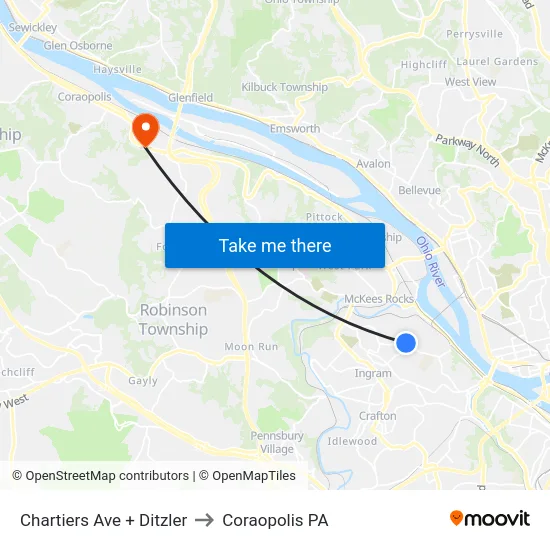 Chartiers Ave + Ditzler to Coraopolis PA map