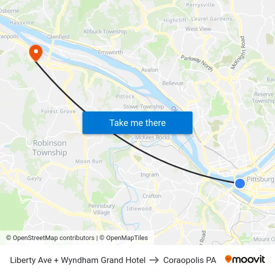 Liberty Ave + Wyndham Grand Hotel to Coraopolis PA map