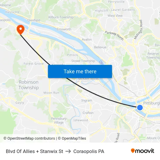 Blvd Of Allies + Stanwix St to Coraopolis PA map