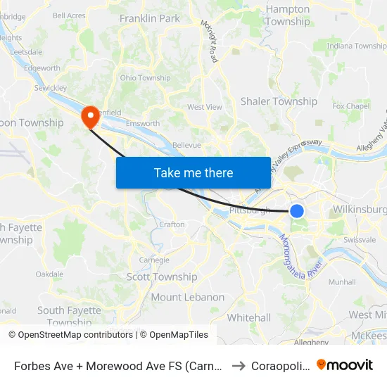Forbes Ave + Morewood Ave FS (Carnegie Mellon) to Coraopolis PA map