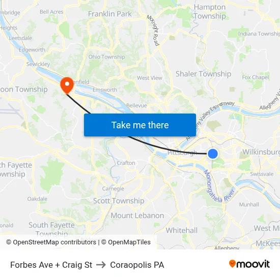 Forbes Ave + Craig St to Coraopolis PA map