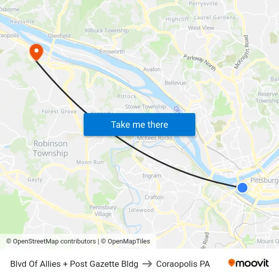 Blvd Of Allies + Post Gazette Bldg to Coraopolis PA map