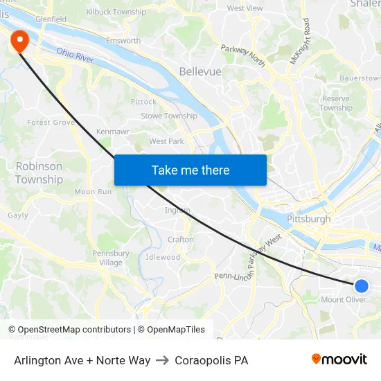 Arlington Ave + Norte Way to Coraopolis PA map