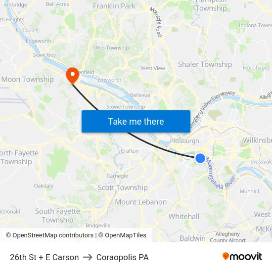 26th St + E Carson to Coraopolis PA map