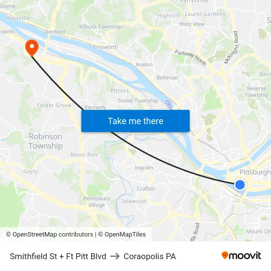Smithfield St + Ft Pitt Blvd to Coraopolis PA map