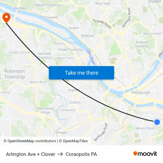 Arlington Ave + Clover to Coraopolis PA map