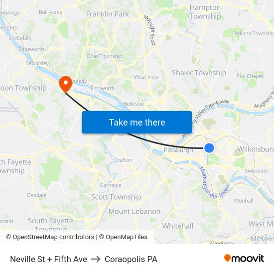 Neville St + Fifth Ave to Coraopolis PA map