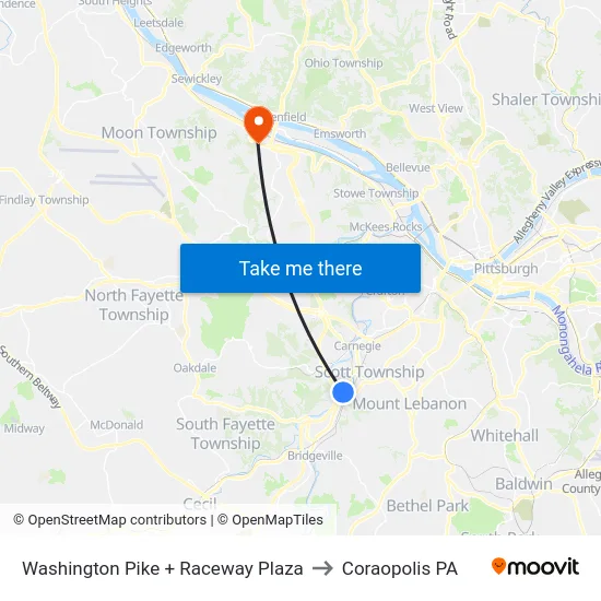Washington Pike + Raceway Plaza to Coraopolis PA map