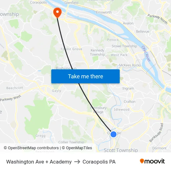 Washington Ave + Academy to Coraopolis PA map
