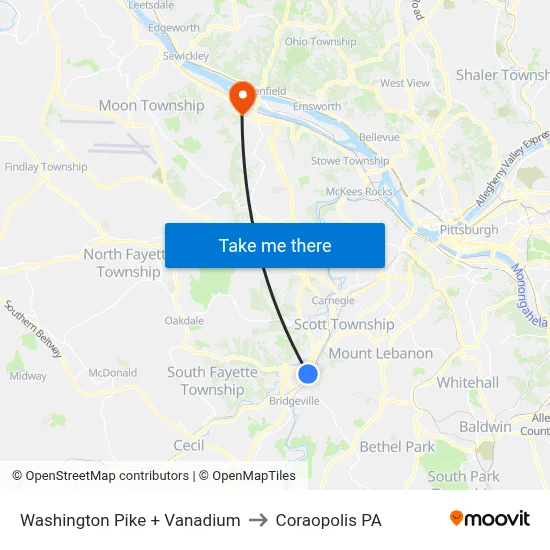 Washington Pike + Vanadium to Coraopolis PA map