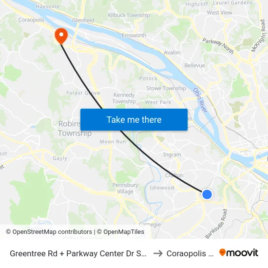 Greentree Rd + Parkway Center Dr South to Coraopolis PA map