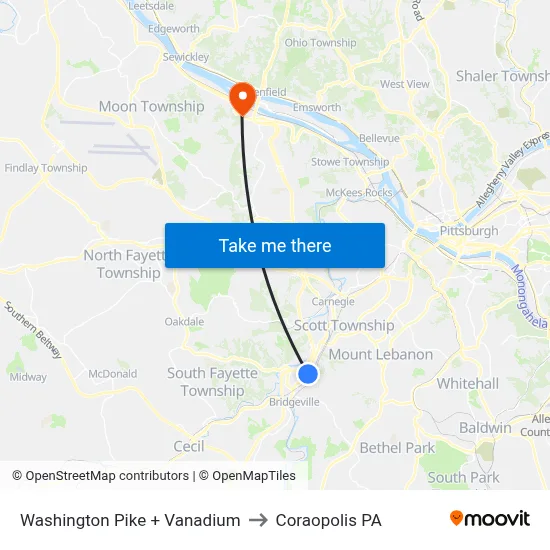Washington Pike + Vanadium to Coraopolis PA map