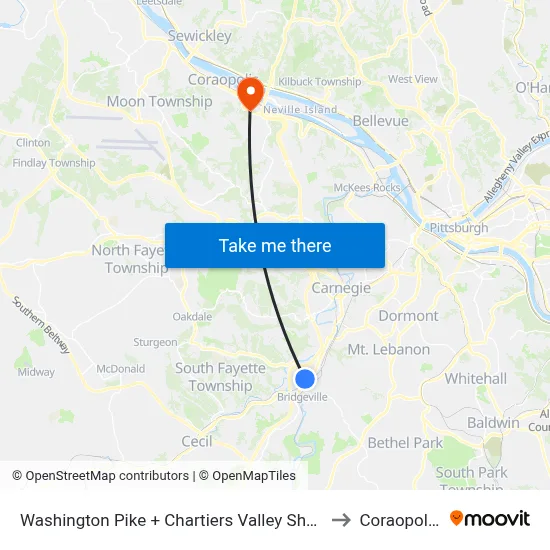 Washington Pike + Chartiers Valley Shopping Center to Coraopolis PA map