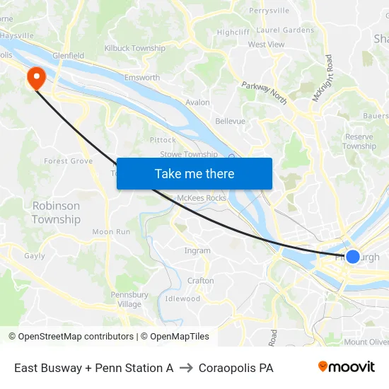East Busway + Penn Station A to Coraopolis PA map
