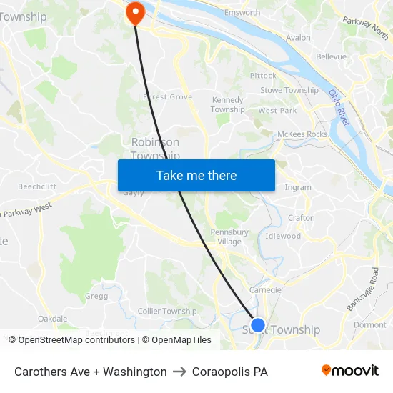 Carothers Ave + Washington to Coraopolis PA map