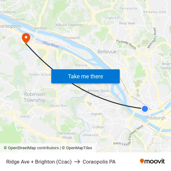 Ridge Ave + Brighton (Ccac) to Coraopolis PA map