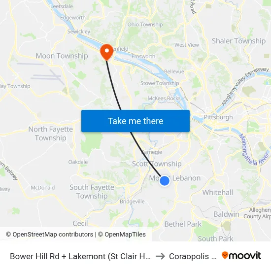 Bower Hill Rd + Lakemont (St Clair Hosp) to Coraopolis PA map