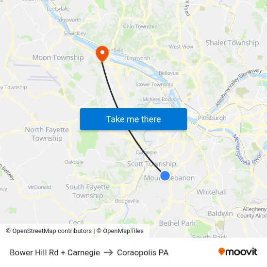 Bower Hill Rd + Carnegie to Coraopolis PA map