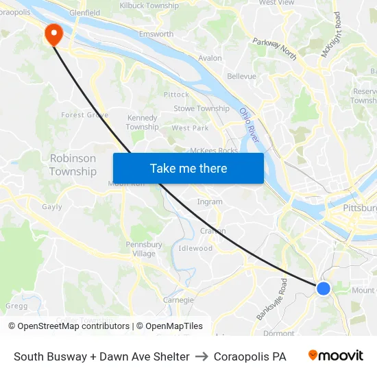 South Busway + Dawn Ave Shelter to Coraopolis PA map