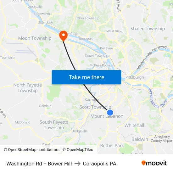 Washington Rd + Bower Hill to Coraopolis PA map