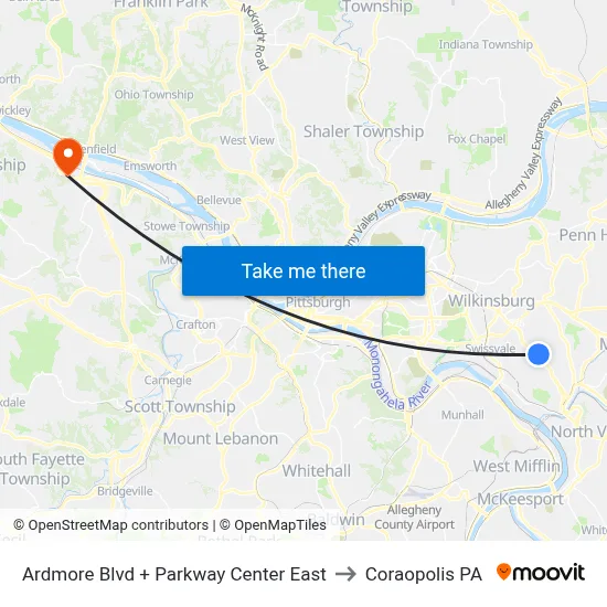 Ardmore Blvd + Parkway Center East to Coraopolis PA map