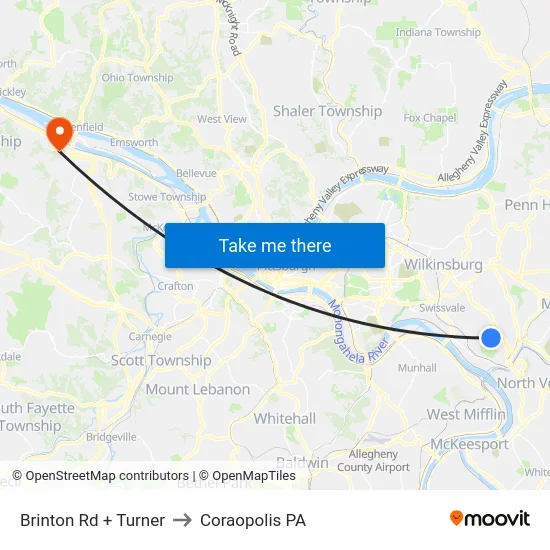 Brinton Rd + Turner to Coraopolis PA map
