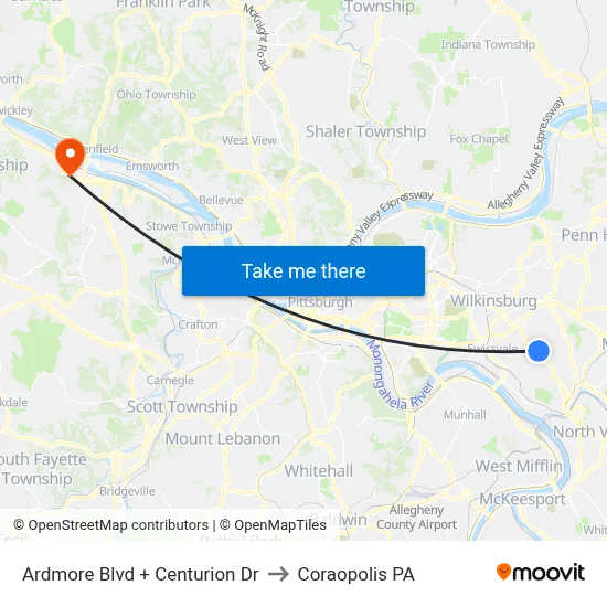 Ardmore Blvd + Centurion Dr to Coraopolis PA map