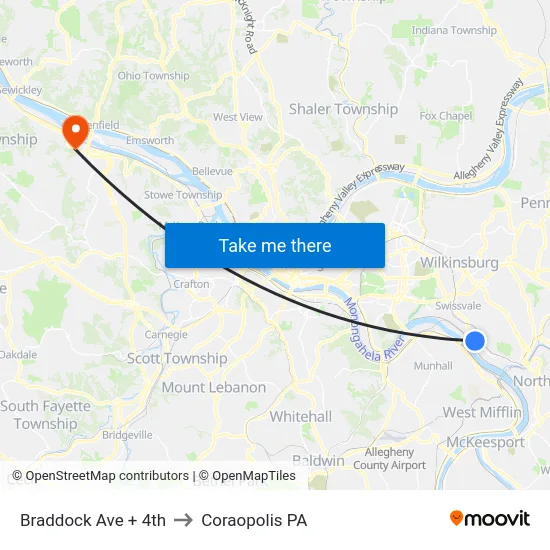 Braddock Ave + 4th to Coraopolis PA map