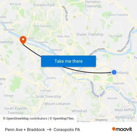 Penn Ave + Braddock to Coraopolis PA map