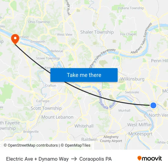 Electric Ave + Dynamo Way to Coraopolis PA map