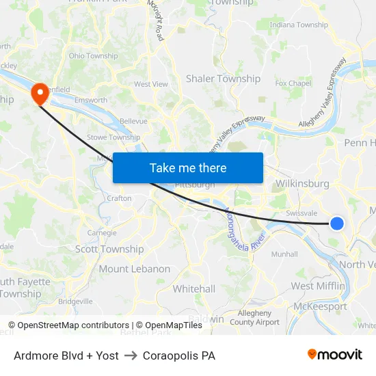 Ardmore Blvd + Yost to Coraopolis PA map