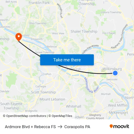 Ardmore Blvd + Rebecca FS to Coraopolis PA map