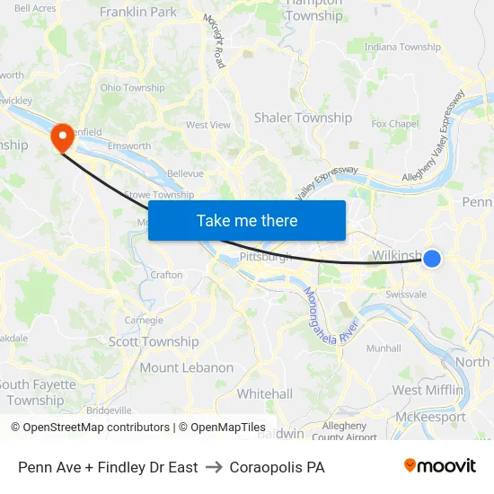 Penn Ave + Findley Dr East to Coraopolis PA map