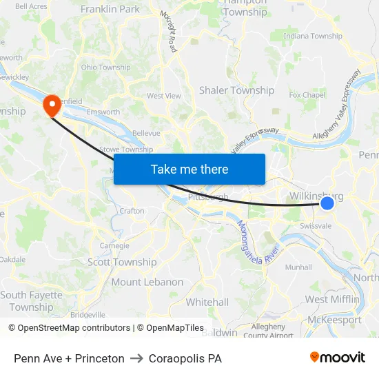 Penn Ave + Princeton to Coraopolis PA map