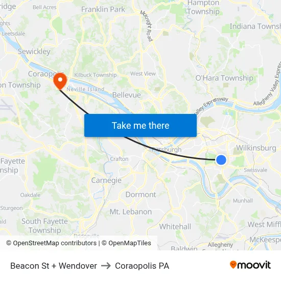 Beacon St + Wendover to Coraopolis PA map