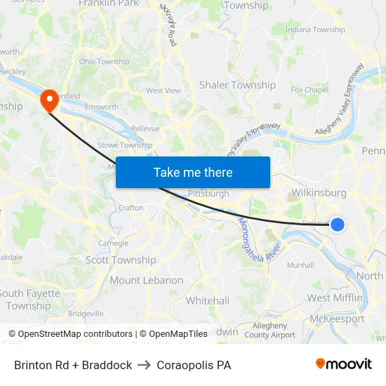 Brinton Rd + Braddock to Coraopolis PA map