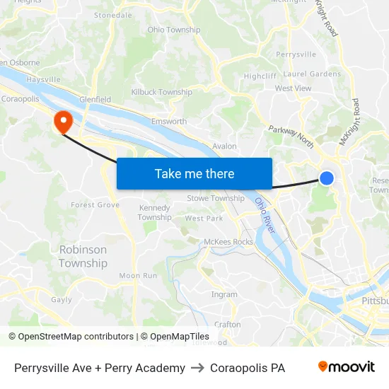 Perrysville Ave + Perry Academy to Coraopolis PA map