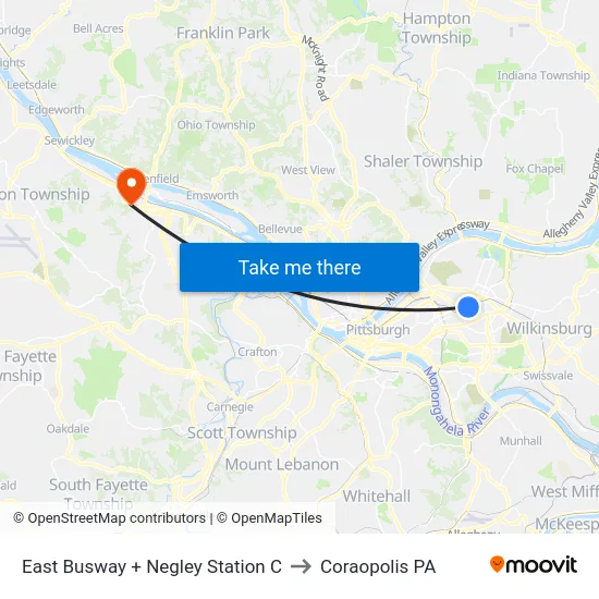 East Busway + Negley Station C to Coraopolis PA map
