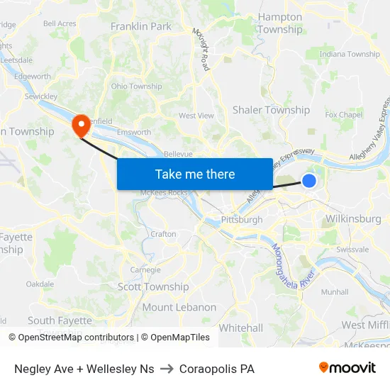 Negley Ave + Wellesley Ns to Coraopolis PA map