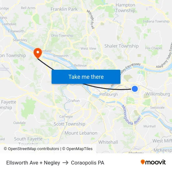 Ellsworth Ave + Negley to Coraopolis PA map